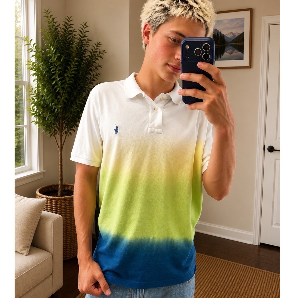 Polo Ralph Lauren Mens Ombre Dip Dye Polo Shirt Large White Yellow Green Blue